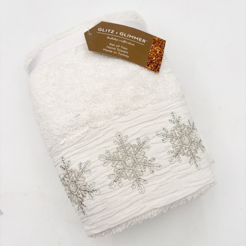Glitz + Glimmer White Cotton Hand Towels Set of 2 Silver Snowflake Holiday